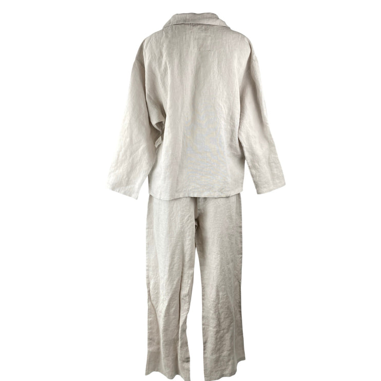 Amour Linen Women's Beige Long Sleeve Button Down Pajama Two Piece Set Size M