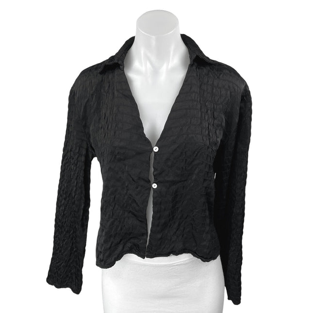 Zara Black Long Sleeve Striped Textured Collared Button Down Shirt Blouse Top M