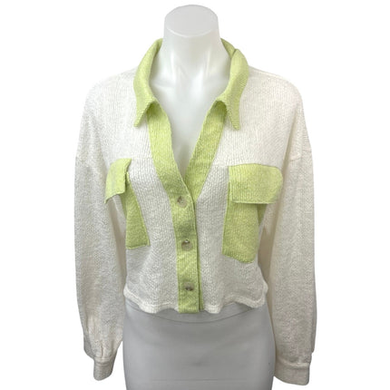 The Shoppe White Green Collared Pocket Button Up Cardigan Sweater Top Size L