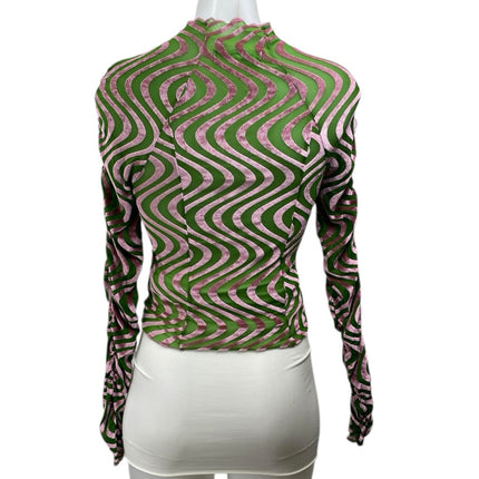 Urban Outfitters Green Pink Velvet Velour Swirl Long Sleeve Mock Neck Blouse S