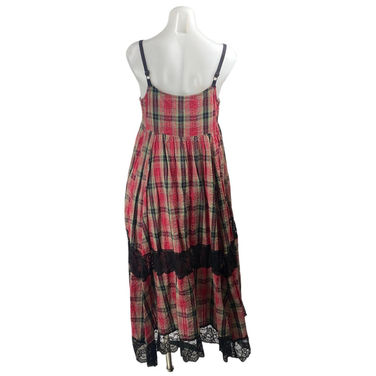 Urban Outfitters Baez Red Plaid Flannel Lace Inset Sleeveless Midi Tank Dress M