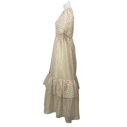 by TiMo Cream Short Puff Sleeves Polka Dots Tiered Ruffles A-line Maxi Dress S