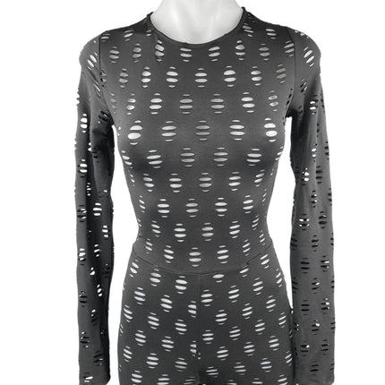 Women's Black Eyelet Stretch Long Sleeve Crew Neck Fitted Skinny Jumpsuit Size S