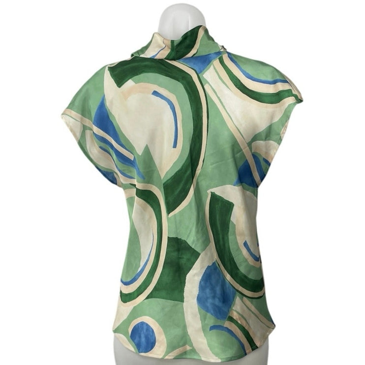 Zara Women's Green Geometric Abstract Cap Short Sleeve Cowl Blouse Top Size S