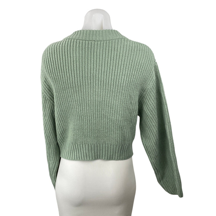 H&M Women's Green Cable Knit Ribbed V Neck Button Up Cardigan Sweater Top Size S