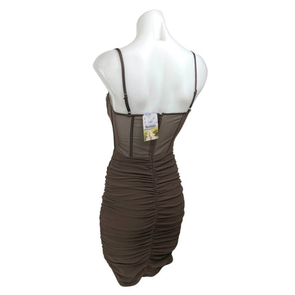 NEW Sundays Brown Ruched Sleeveless Cami Camisole Bodycon Corset Tank Dress Sz M