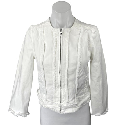 Liverpool Women's White Frayed Fringe Zip Up Long Sleeve Denim Jean Jacket Sz XS
