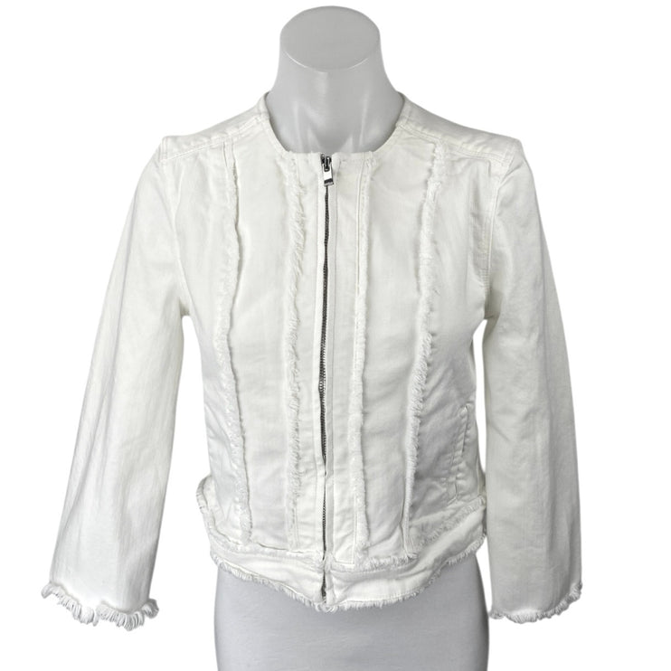 Liverpool Women's White Frayed Fringe Zip Up Long Sleeve Denim Jean Jacket Sz XS