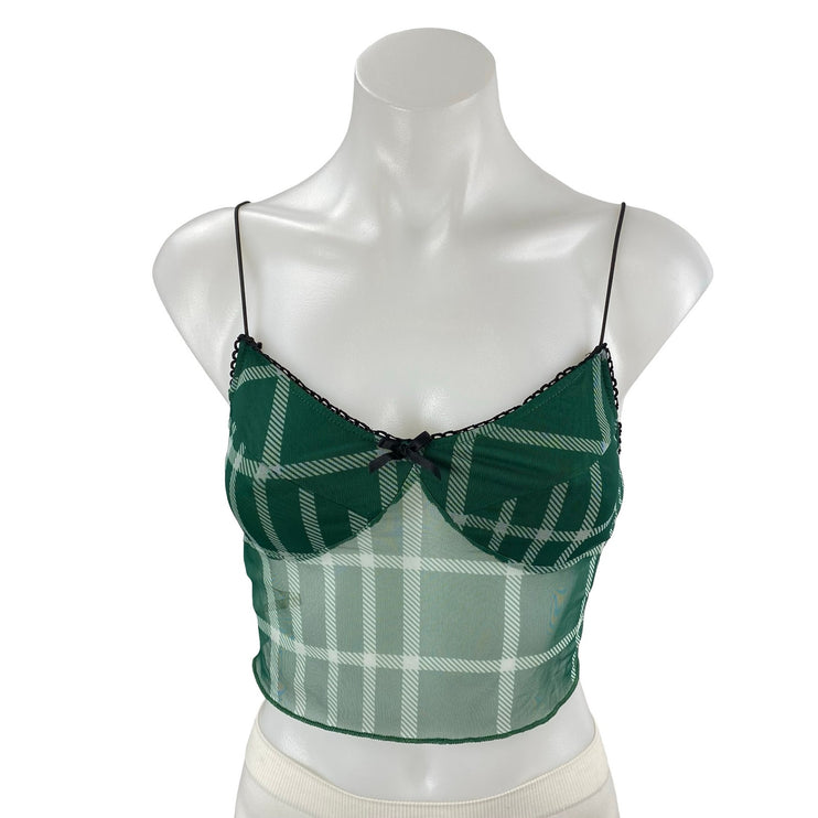 Princess Polly Green Plaid Bow Mesh Semi Sheer Cami Bustier Tank Crop Top Size 4