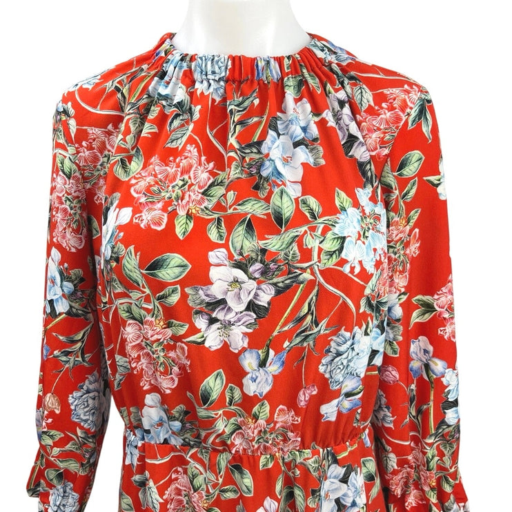 H&M Orange Floral Mock Neck Floral Long Sleeve Cocktail A Line Midi Dress Size 8
