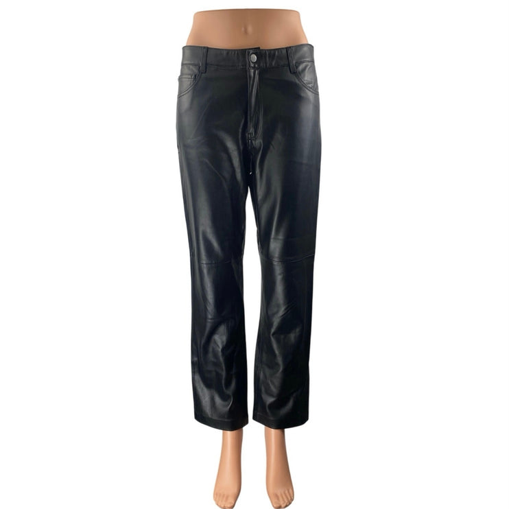 MNG Mango Womens Black Faux Vegan Leather High Waist Straight Trousers Pants 38