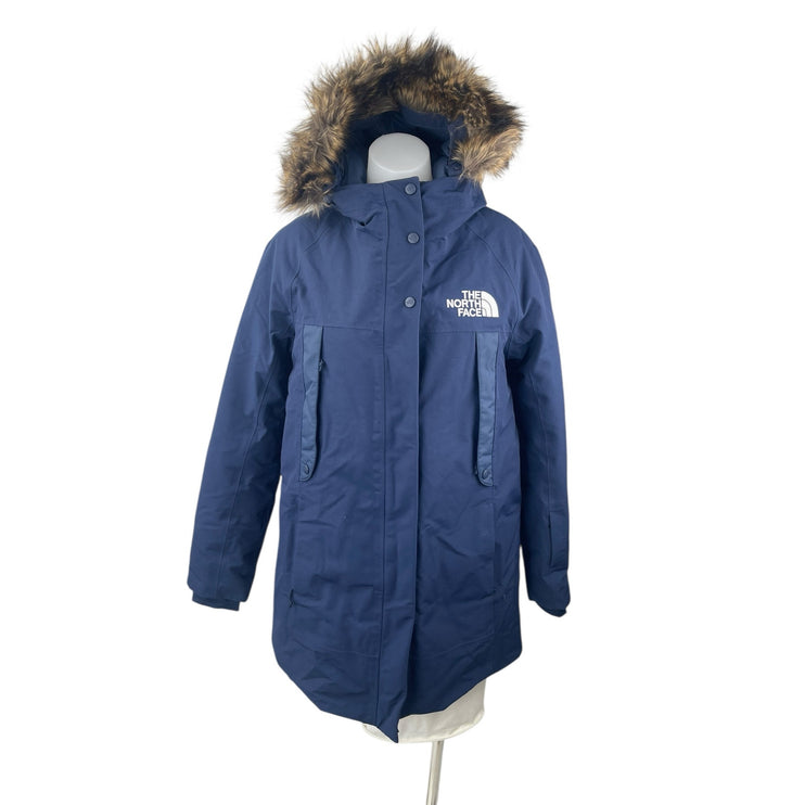 The North Face New Outer Boroughs Blue Faux Fur Hooded Parka Coat Jacket Size M
