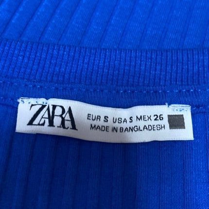 Zara Blue Short Sleeve Ribbed Knit Square Neck Cropped T Shirt Tee Top Size S