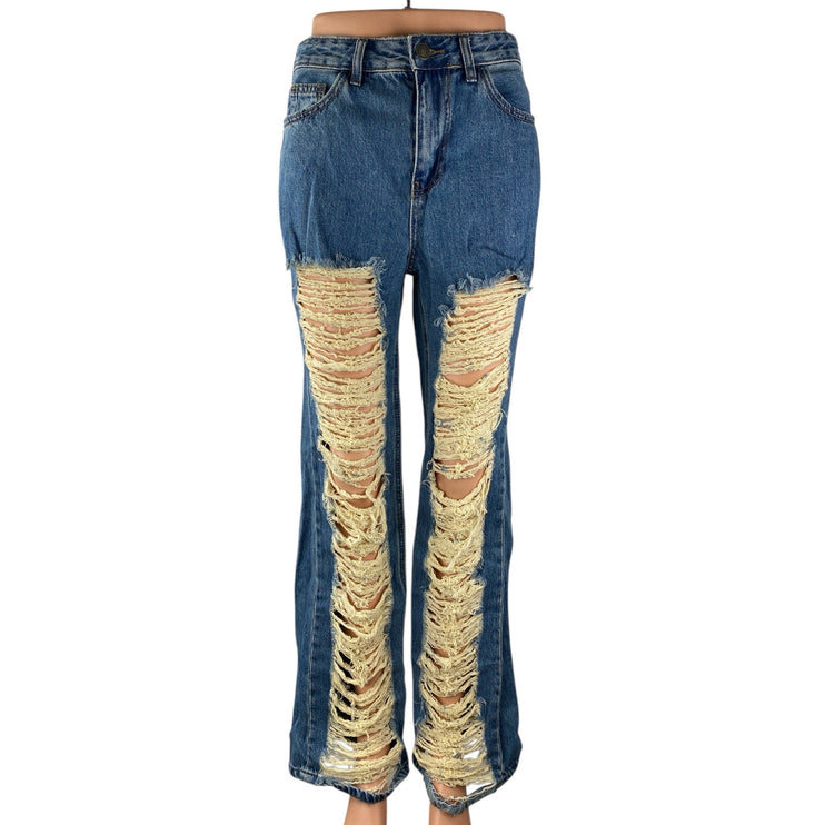 Stradivarius STR Blue Distressed Baggy High Rise Flare Denim Jeans Pants Size 4