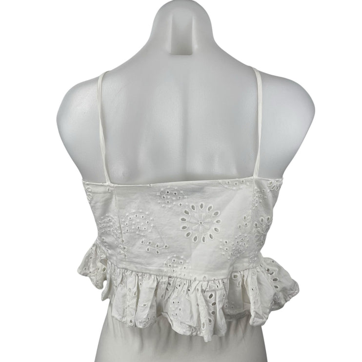 Zara White Embroidered Eyelet Sleeveless Ruched Peplum Cami Tank Crop Top Size M