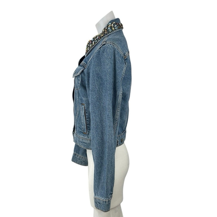 Maje Bianca Blue Embellished Crystal Stud Beaded Button Up Denim Jean Jacket M