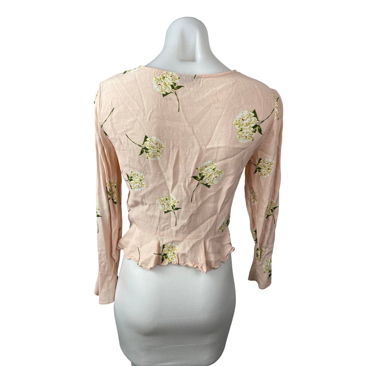 Topshop Women's Pink Long Sleeve Ruched Tie V Neck Cropped Blouse Top Size 4