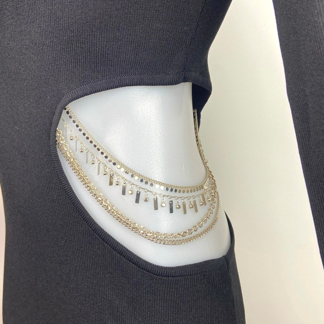 Zara NWT Black Cutout Waist Gold Chain Jewelry Long Sleeve Midi Sheath Brie Zara NWT Black Cutout Waist Gold Chain Jewelry Long Sleeve Midi Sheath Brie