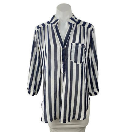 Xtaren Women's Blue White Striped 3/4 Sleeve Pocket Blouse Shirt Tunic Top Sz M