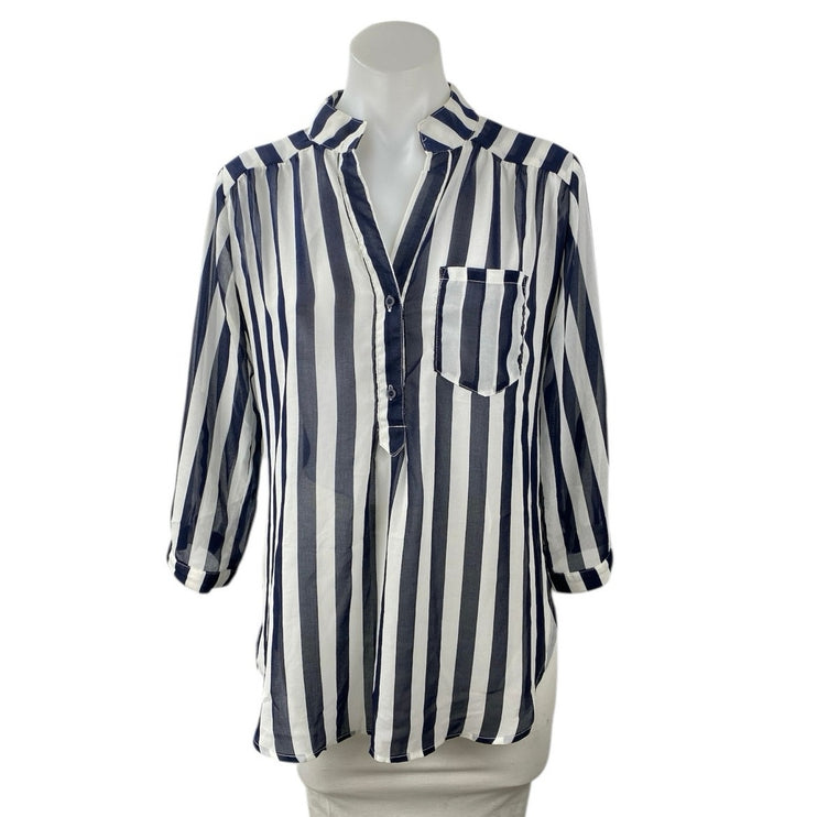 Xtaren Women's Blue White Striped 3/4 Sleeve Pocket Blouse Shirt Tunic Top Sz M