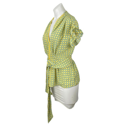 NEW Max Studio Green Multicolor V-neck Ruffle Sleeve Tie Belted Blouse Top Sz S