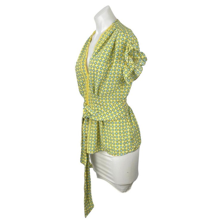 NEW Max Studio Green Multicolor V-neck Ruffle Sleeve Tie Belted Blouse Top Sz S