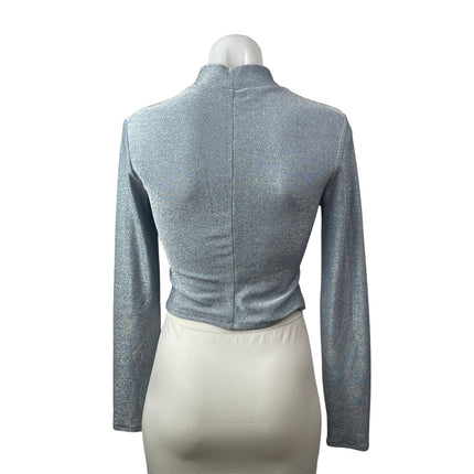 Reformation Bailey Women's Blue Glitter Mock Neck Long Sleeve Crop Top Size M