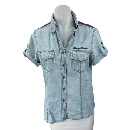 Harley Davidson Women's Upcycled Short Sleeve Graphic Print Denim Jean Shirt Top