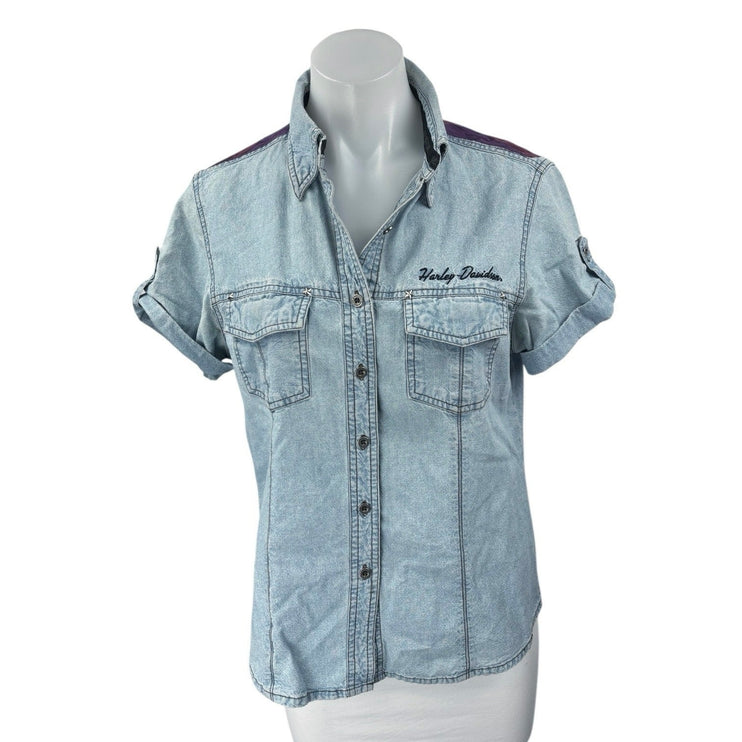 Harley Davidson Women's Upcycled Short Sleeve Graphic Print Denim Jean Shirt Top