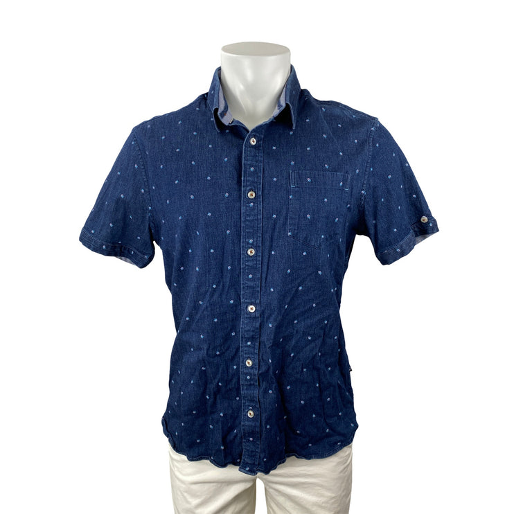 7 Diamonds Men's Blue Floral Embroidery Denim Stretch Button Down Shirt Top Sz L