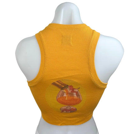 Boys Lie Women's Yellow Printed Ribbed Knit Crew Neck Sleeveless Crop Top Size S