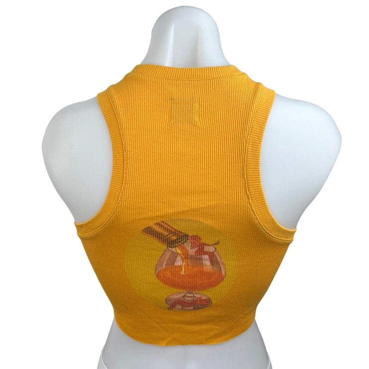 Boys Lie Women's Yellow Printed Ribbed Knit Crew Neck Sleeveless Crop Top Size S