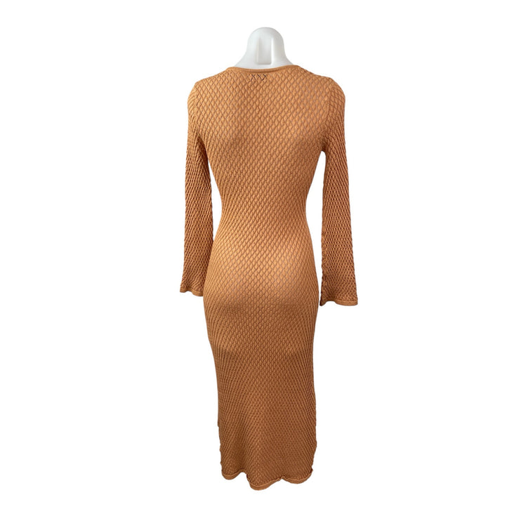 Pretty Lavish Gold Hardware Crochet Knit V Neck Maxi Bodycon Sweater Dress Sz S