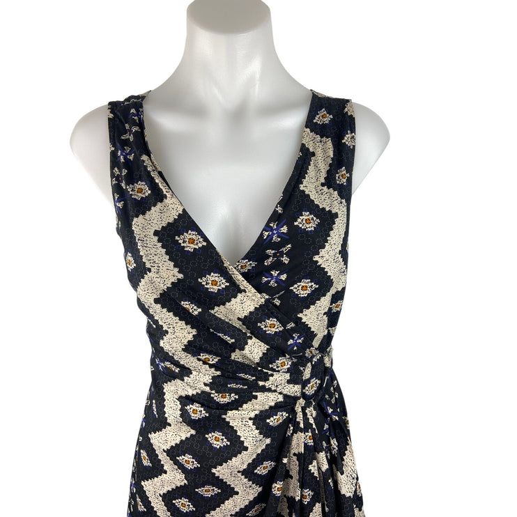 Mango Multicolor Black Aztec Print Sleeveless V-neck Fit & Flare Wrap Dress Sz 6