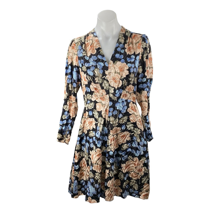 Rebecca Taylor Silk Rose Floral V Neck Long Sleeve Mini Flare A-Line Dress Sz 4