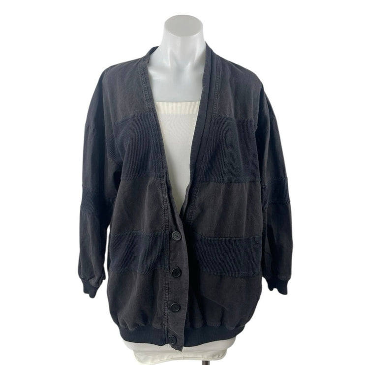 Blair Sport Women's Black Corduroy Patchworks Button Cardigan Sweater Top Size L