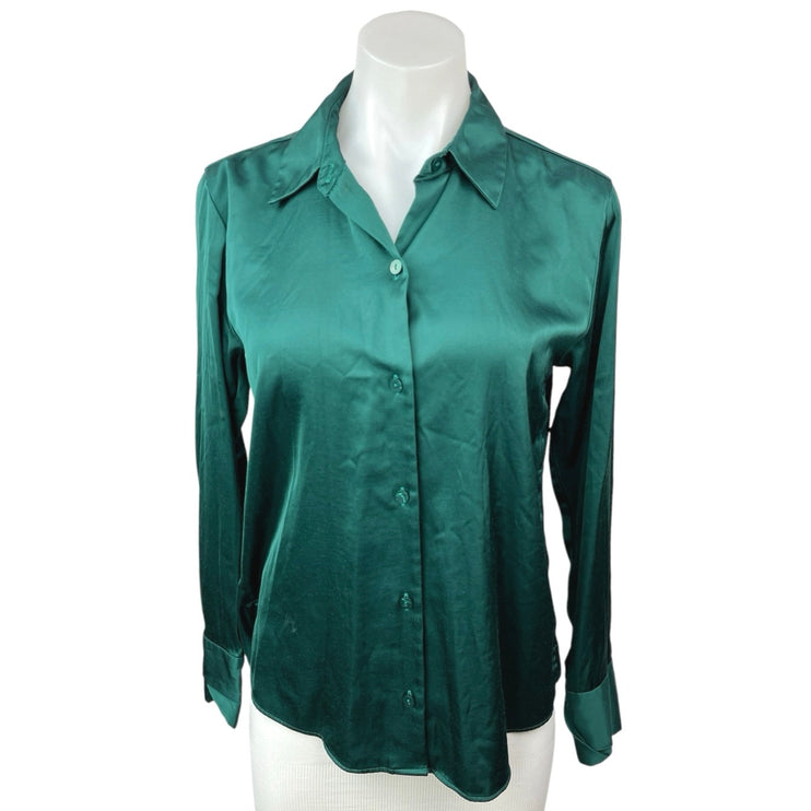 Abercrombie & Fitch Green Silk Satin Button Up Long Sleeve Shirt Blouse Top XS