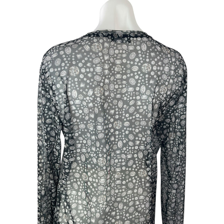 Le31 Par Simons Black Mesh Sheer Jewel Diamond Print Long Sleeve Blouse Top M