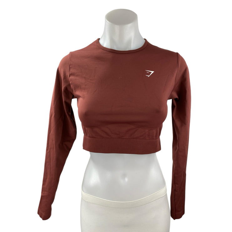 Gymshark Brown Long Sleeve Crew Neck Logo Yoga Workout Athletic Crop Top Size M