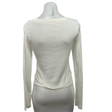 Free People Women's White Long Sleeve V Neck Rib Knit Henley T Shirt Tee Top S