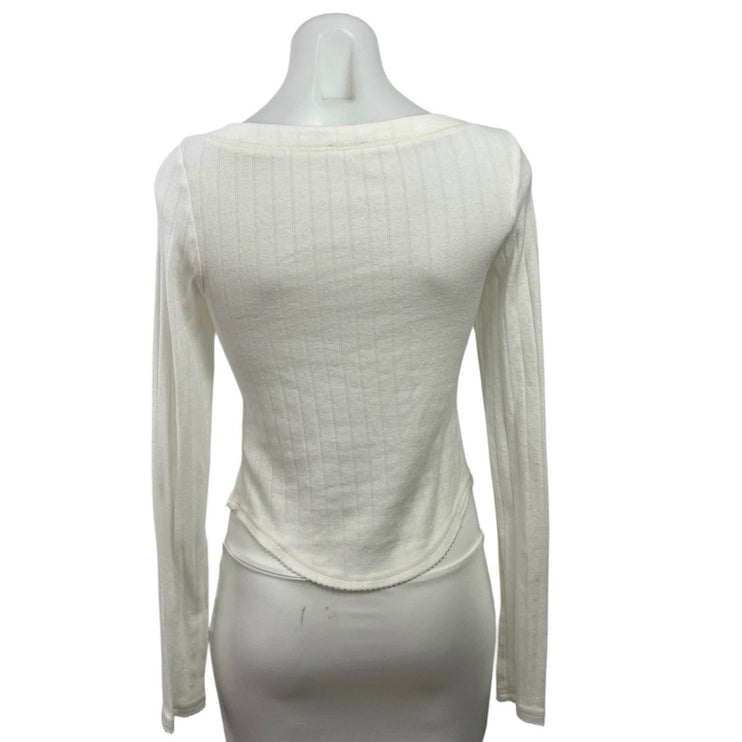 Free People Women's White Long Sleeve V Neck Rib Knit Henley T Shirt Tee Top S