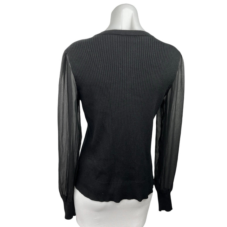 DKNY Black Sheer Sleeve Ribbed Knit Crewneck Stretch Long Sleeve Pullover Top L