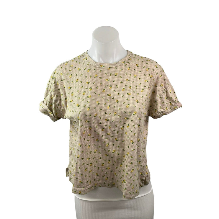 Loft Women's Beige Floral Crew Neck Short Sleeve Crop Basic Tee T-Shirt Top Sz M