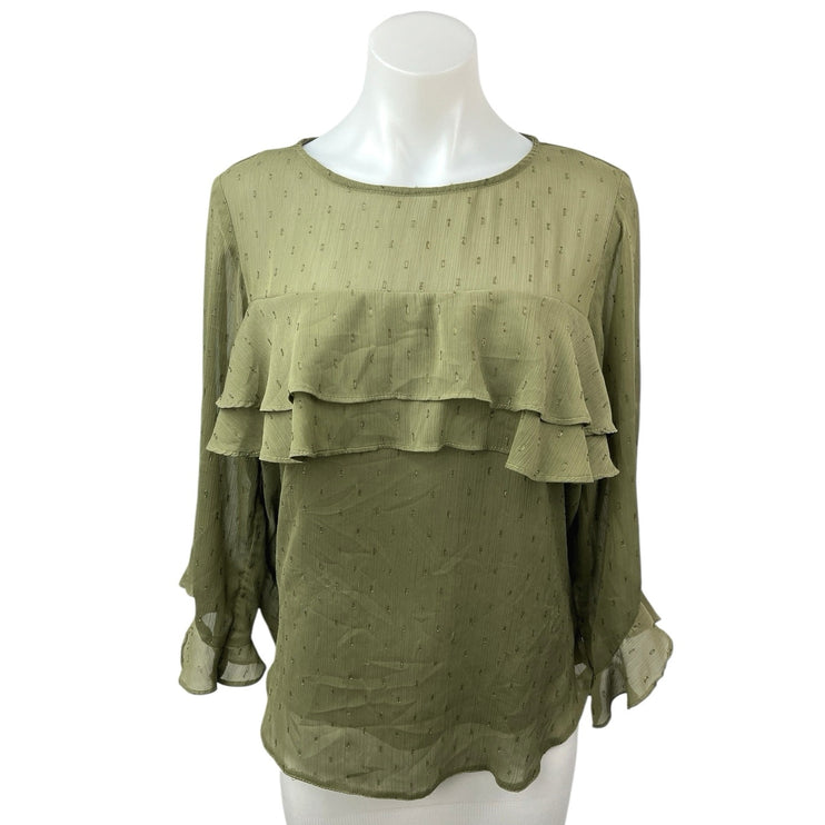 Dorothy Perkins Women's Olive Green Metallic Chiffon Ruffle Blouse Top Size 12