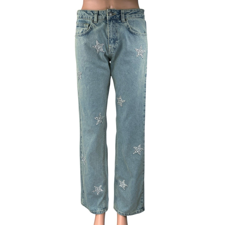 Nasty Gal Women's Blue Embellished Star Print Straight High Rise Denim Jeans 4