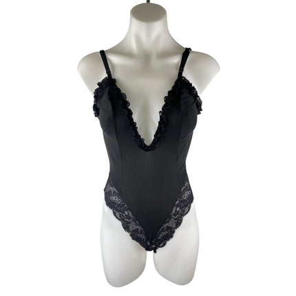 We are HAH Black Lace Trim Ruffled V Neck Sleeveless One Piece Bodysuit Top Sz S