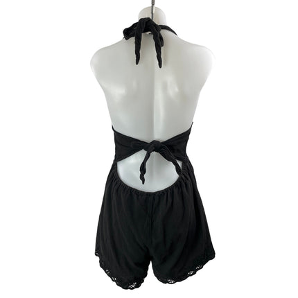 Free People Women's Black Halter Backless Lace Floral Romper Shorts Size XS