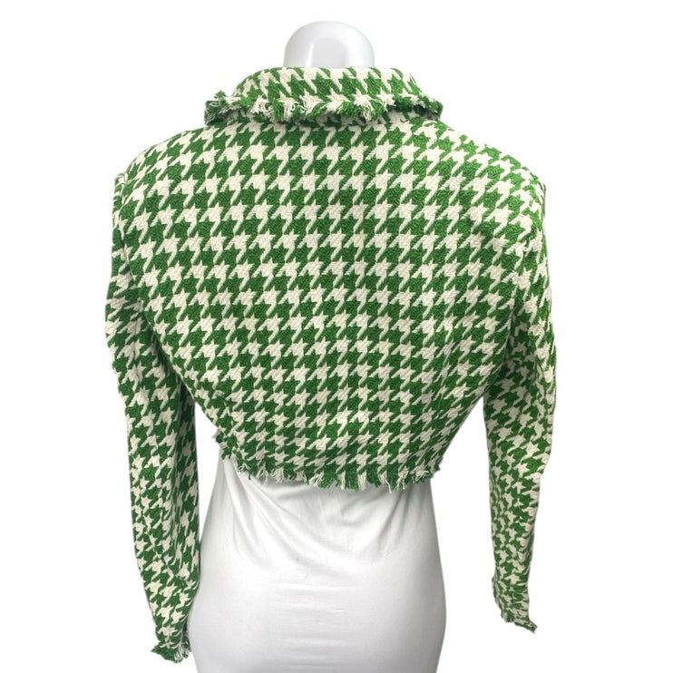 Shein Green Wool Knit Houndstooth Fringe Long Sleeve Button Crop Jacket Top 12