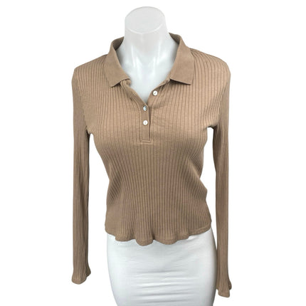 Zara Women Tan Long Sleeve Ribbed Knit Polo Pullover Henley Sweater Top Size M