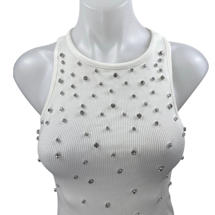 Zara White Rhinestone High Neck Beaded Sleeveless Knit Tank Bodysuit Top Size S